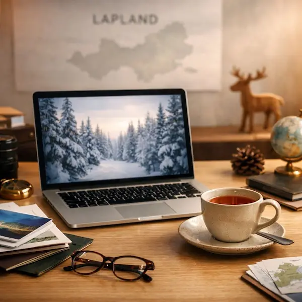 Lapland Travel Planning Specialist Office Ireland Cosy travel specialist desk in Ireland featuring a Lapland map and snowy forest on a laptop screen.