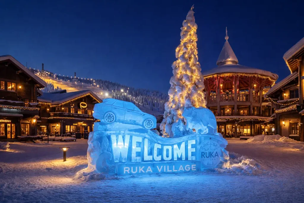Luxury Lapland holidays at Ruka Village, Kuusamo. Blue glowing ice sculpture and Christmas tree in a snowy resort square